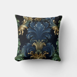 Victorian style ornamental shapes deep blue green throw pillow