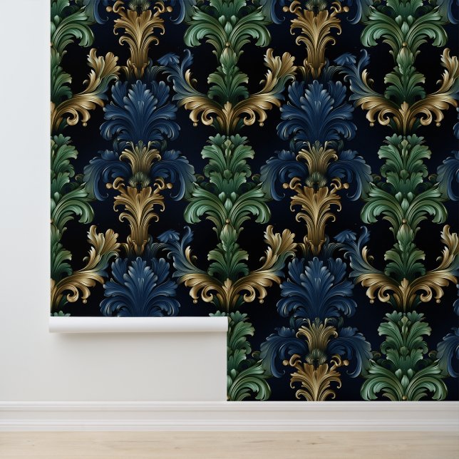 Victorian style ornamental shapes deep blue green  wallpaper  (Application)
