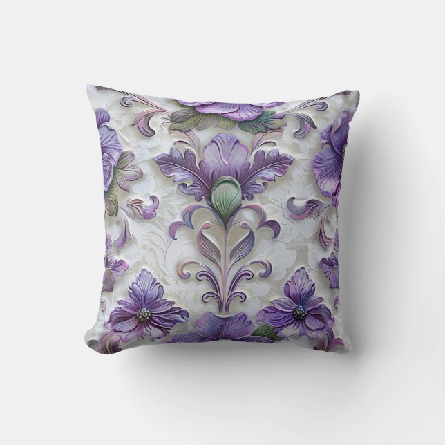 Victorian style ornamental viola purple flower throw pillow (Front)