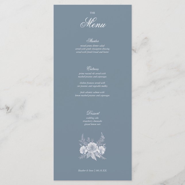 Victorian-style Wedding in Blue with White Flowers Menu (Front)