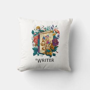 Victorian Style Writer, book & flowers Throw Pillow