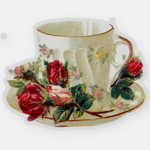 VICTORIAN TEACUP WITH ROSES CUSTOM CUT STICKER
