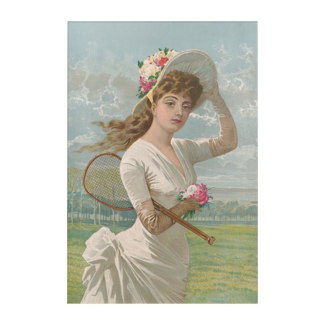 Victorian Tennis Lady with Flowered Hat Antique  Acrylic Print (Front)