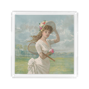 Victorian Tennis Lady with Flowered Hat Antique  Acrylic Tray