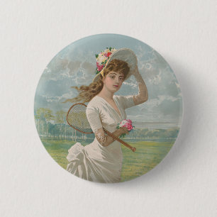 Victorian Tennis Lady with Flowered Hat Antique  Button