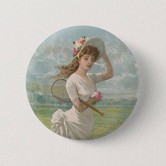 Victorian Tennis Lady with Flowered Hat Antique  Button (Front)