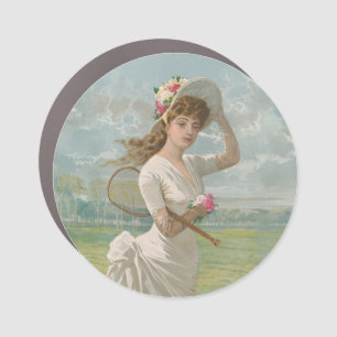 Victorian Tennis Lady with Flowered Hat Antique  Car Magnet