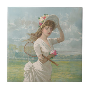 Victorian Tennis Lady with Flowered Hat Antique  Ceramic Tile