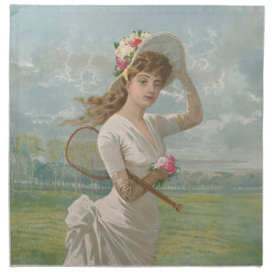 Victorian Tennis Lady with Flowered Hat Antique  Cloth Napkin
