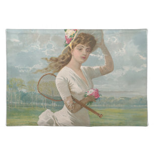 Victorian Tennis Lady with Flowered Hat Antique  Cloth Placemat