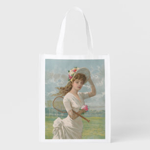 Victorian Tennis Lady with Flowered Hat Antique  Grocery Bag