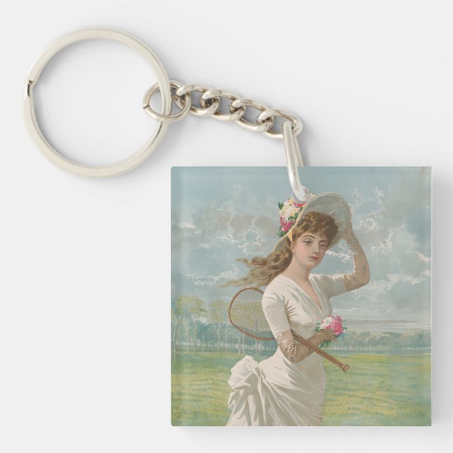 Victorian Tennis Lady with Flowered Hat Antique  Keychain (Front)