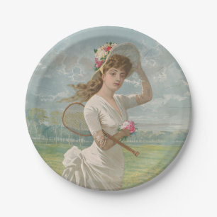 Victorian Tennis Lady with Flowered Hat Antique  Paper Plates