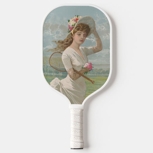 Victorian Tennis Lady with Flowered Hat Antique  Pickleball Paddle (Front)