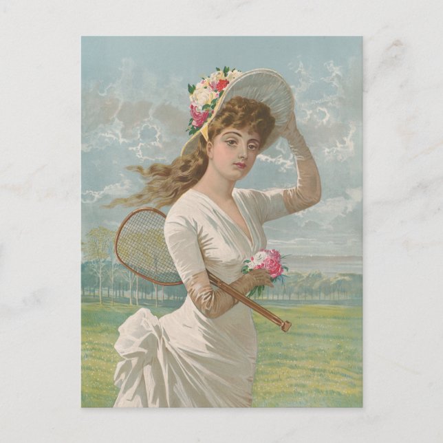 Victorian Tennis Lady with Flowered Hat Antique  Postcard (Front)