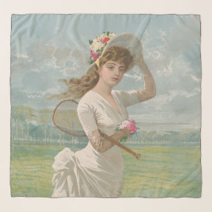 Victorian Tennis Lady with Flowered Hat Antique  Scarf