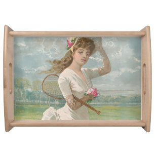 Victorian Tennis Lady with Flowered Hat Antique  Serving Tray