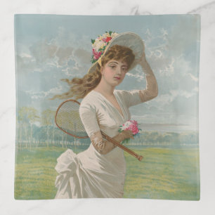 Victorian Tennis Lady with Flowered Hat Antique  Trinket Tray