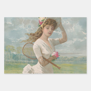 Victorian Tennis Lady with Flowered Hat Antique  Wrapping Paper Sheets