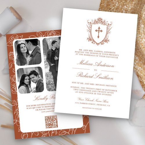 Victorian Terracotta Catholic QR Code Wedding Invitation