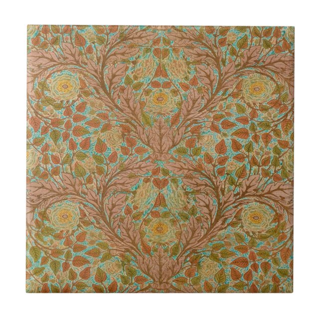 Victorian Terracotta Rose and Leaf Botanical Print Ceramic Tile (Front)