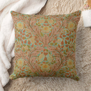 Victorian Terracotta Rose and Leaf Botanical Print Throw Pillow