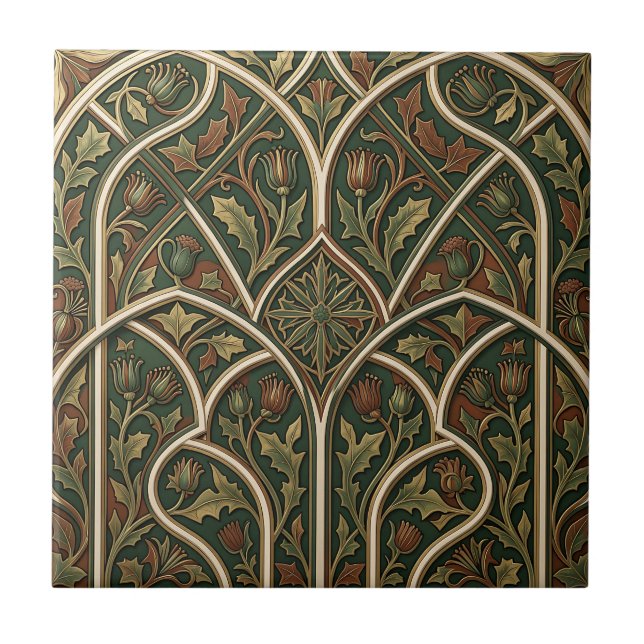 Victorian Thistle Floral Pattern Dark Green  Ceramic Tile (Front)