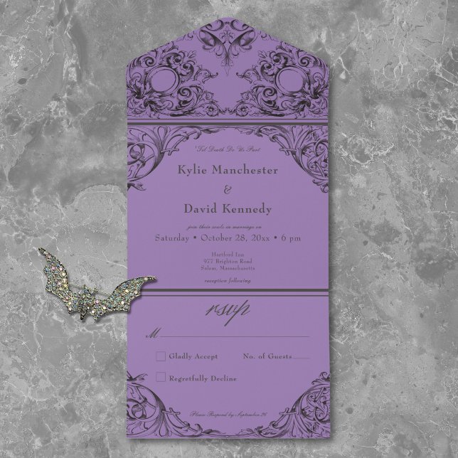 Victorian Til Death Black Purple Wedding No Dinner All In One Invitation (Creator Uploaded)