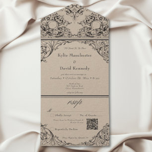 Victorian Til Death Black Tan Wedding QR Code All In One Invitation