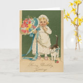 Victorian Toddler And Cat Loving Birthday Card (Yellow Flower)
