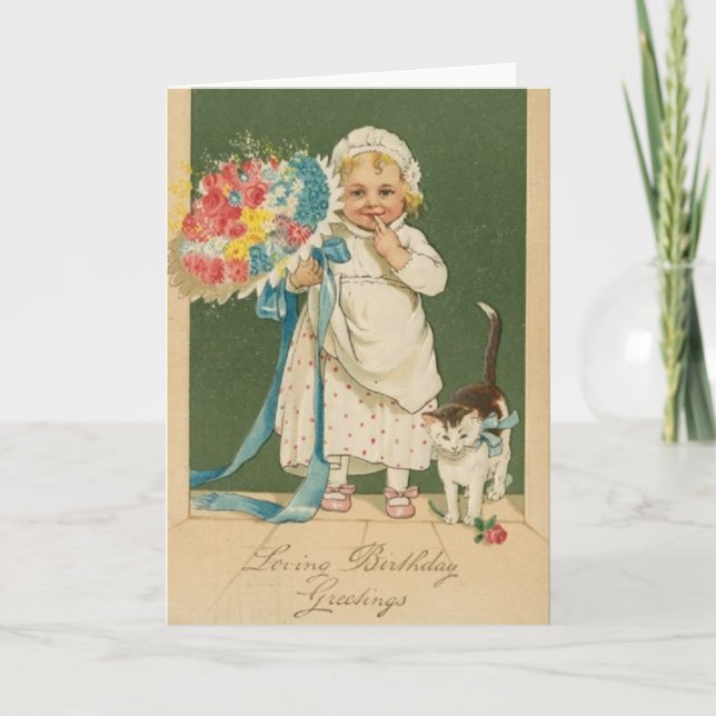 Victorian Toddler And Cat Loving Birthday Card (Front)