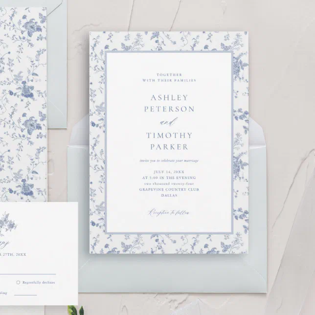 Victorian Toile French Blue Classic Wedding Invitation 