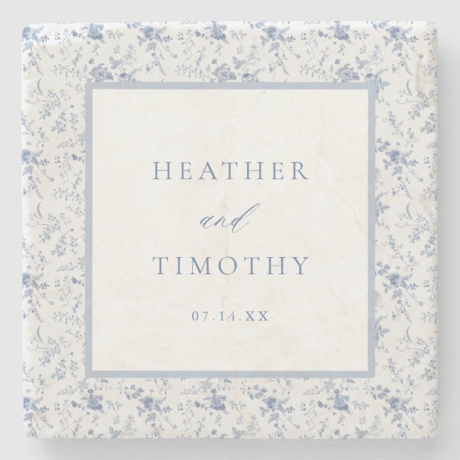 Victorian Toile French Blue Classic Wedding  Stone Coaster (Front)