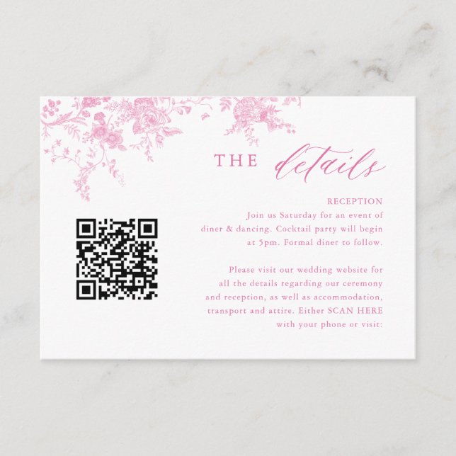 Victorian Toile Pink Floral Wedding Details QR Enclosure Card (Front)