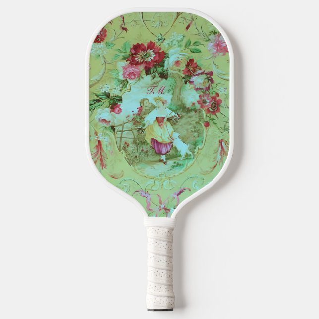 Victorian Toile Rococo Floral Sage Green  Initials Pickleball Paddle (Front)