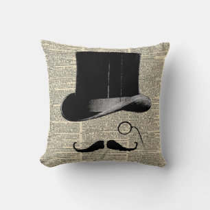 Victorian top hat, vintage dictionary print throw pillow