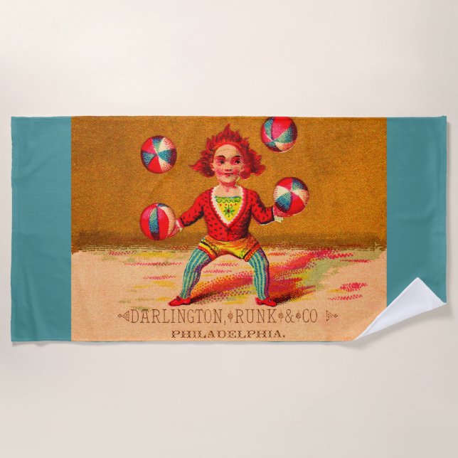 Victorian trade card juggler Darlington, Runk & Co Beach Towel (Front)