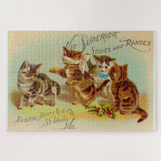 Victorian trade card kittens playing jigsaw puzzle