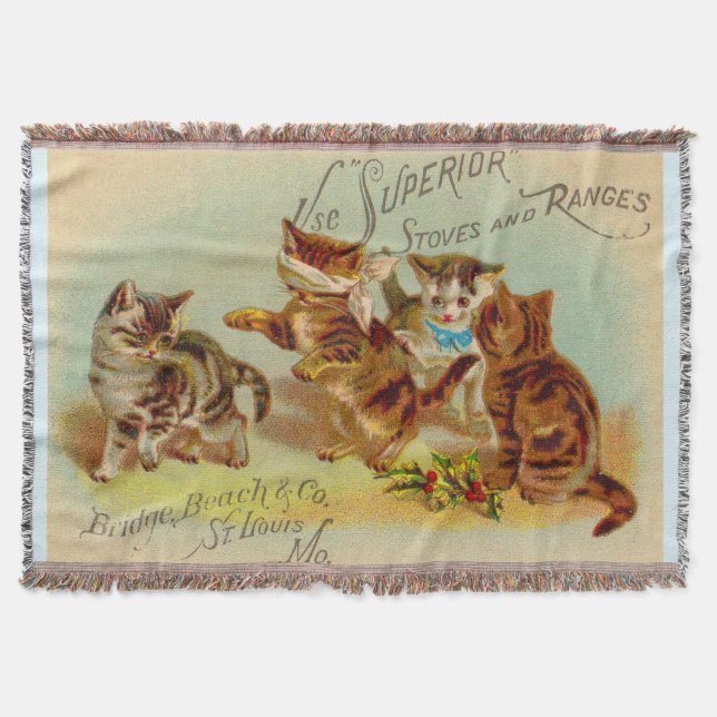 Victorian trade card kittens playing throw blanket (Front)