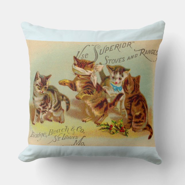 Victorian trade card kittens playing throw pillow (Front)