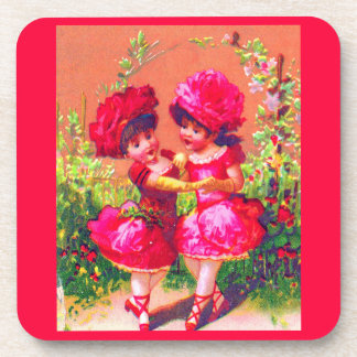 Victorian trade card little dancers in pink drink coaster