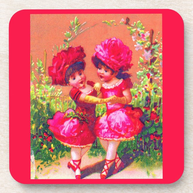 Victorian trade card little dancers in pink drink coaster (Front)