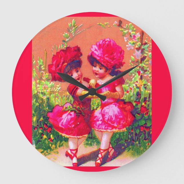 Victorian trade card little dancers in pink large clock (Front)