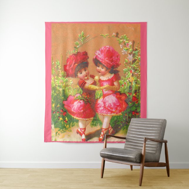 Victorian trade card little dancers in pink tapestry (In Situ)