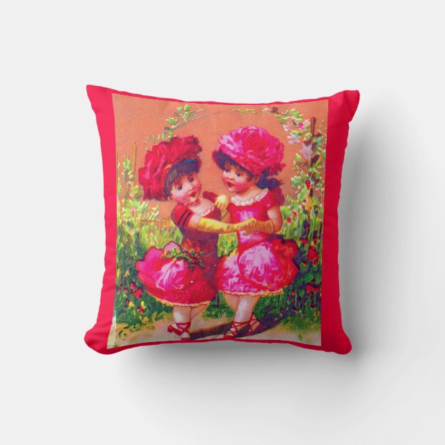 Victorian trade card little dancers in pink throw pillow (Front)