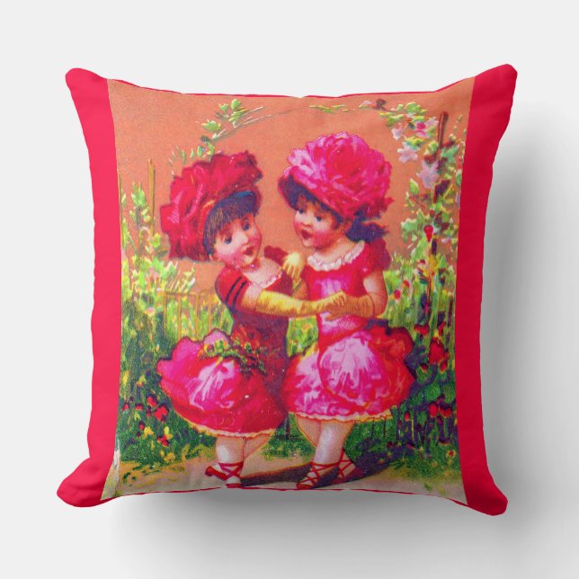 Victorian trade card little dancers in pink throw pillow (Front)