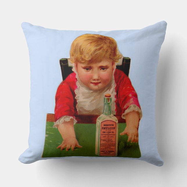 Victorian trade card: Scott's Emulsion Castor Oil Throw Pillow (Front)