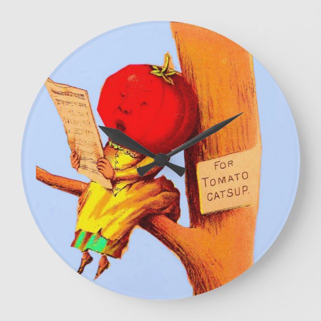 Victorian trade card tomato head woman large clock (Front)