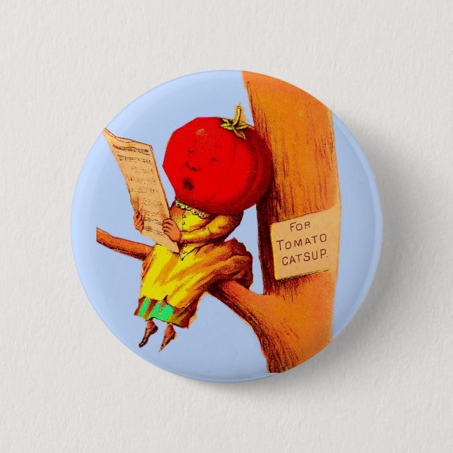 Victorian trade card tomato head woman pinback button (Front)