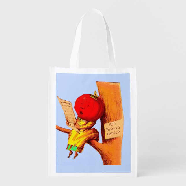 Victorian trade card tomato head woman reusable grocery bag (Front)